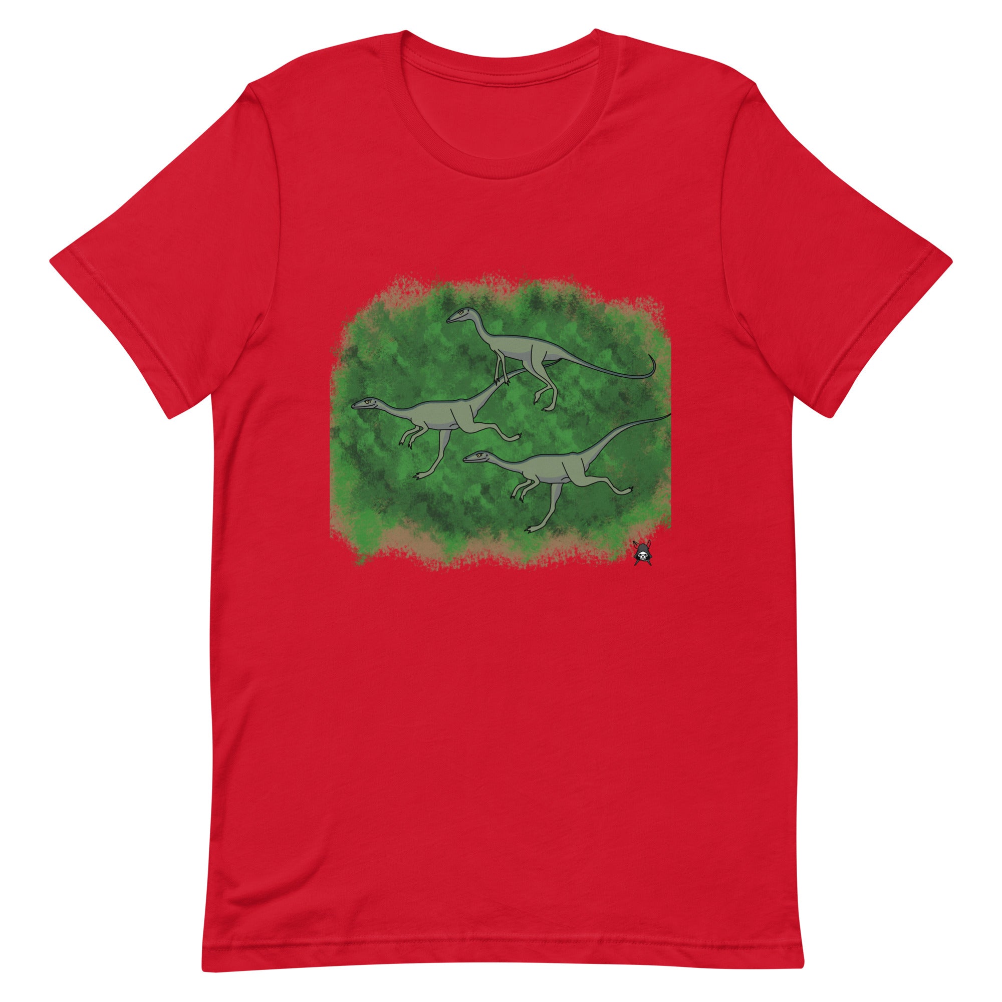 Compsognathus T-Shirt featuring a vibrant dinosaur print on soft cotton fabric, perfect for casual wear.