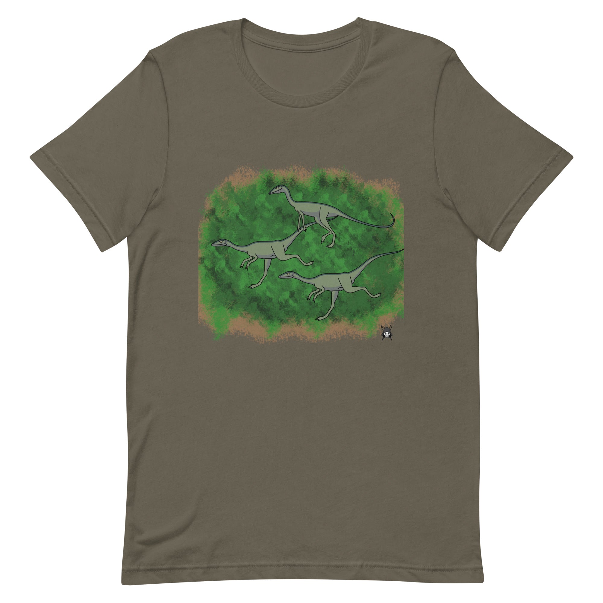 Compsognathus T-Shirt featuring a vibrant dinosaur print on soft cotton fabric, perfect for casual wear.