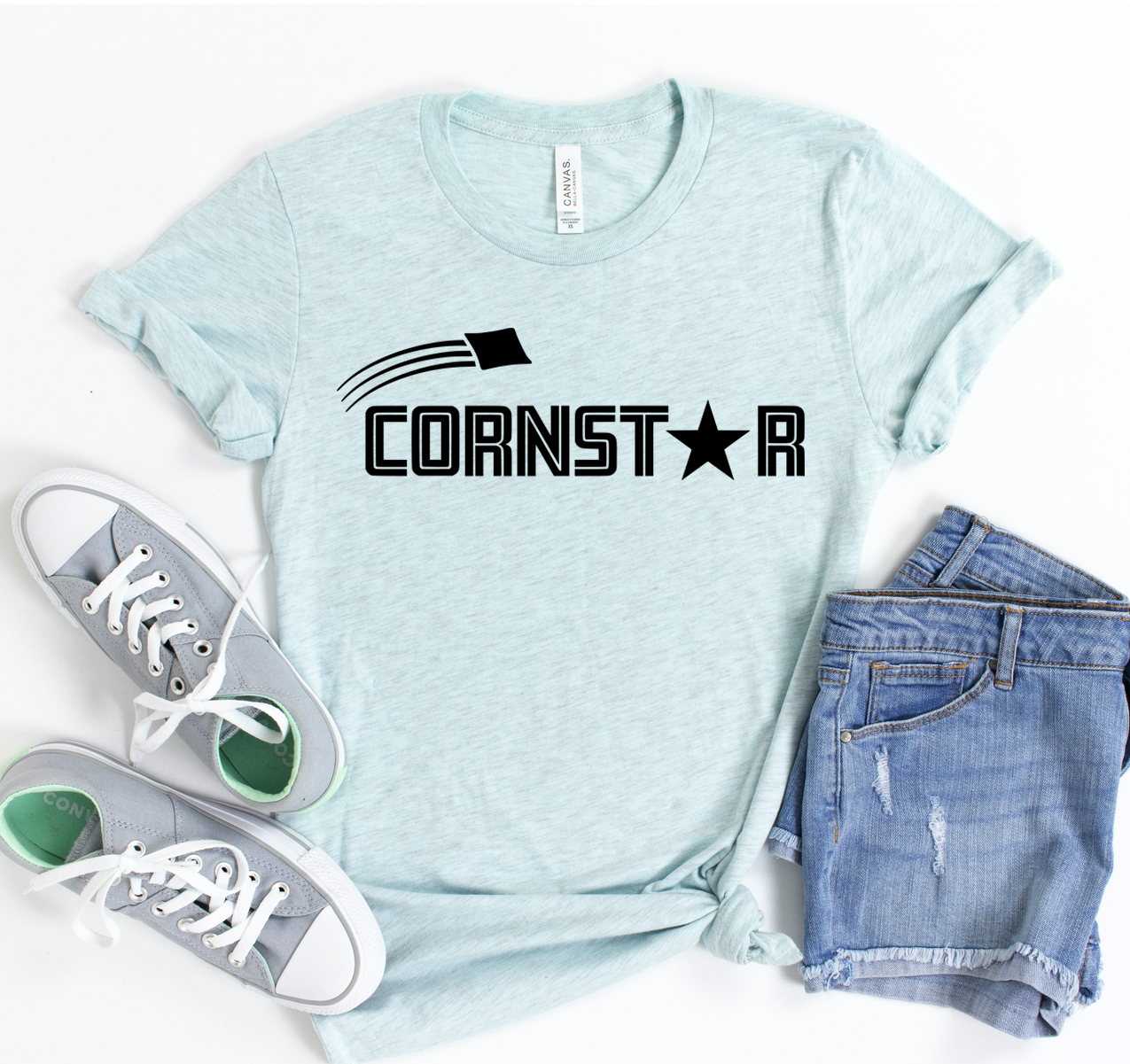 Corn Star T-shirt displayed on a mannequin, showcasing its unisex design and soft fabric.