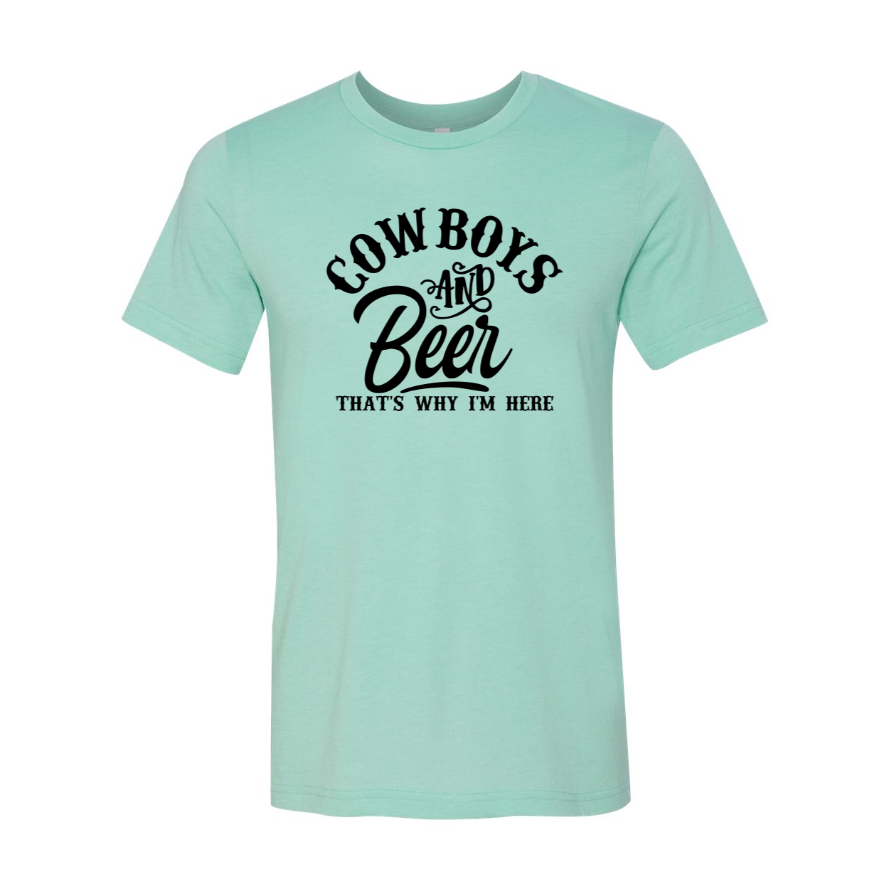 A stylish unisex T-shirt featuring the phrase 'Cow Boys and Beer' in bold print, available in various colors.