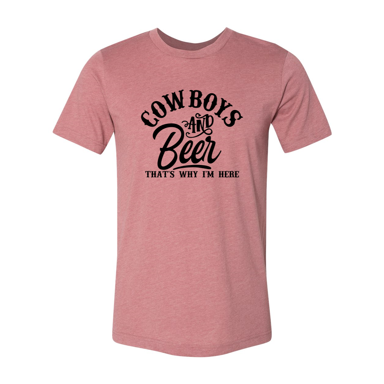 A stylish unisex T-shirt featuring the phrase 'Cow Boys and Beer' in bold print, available in various colors.