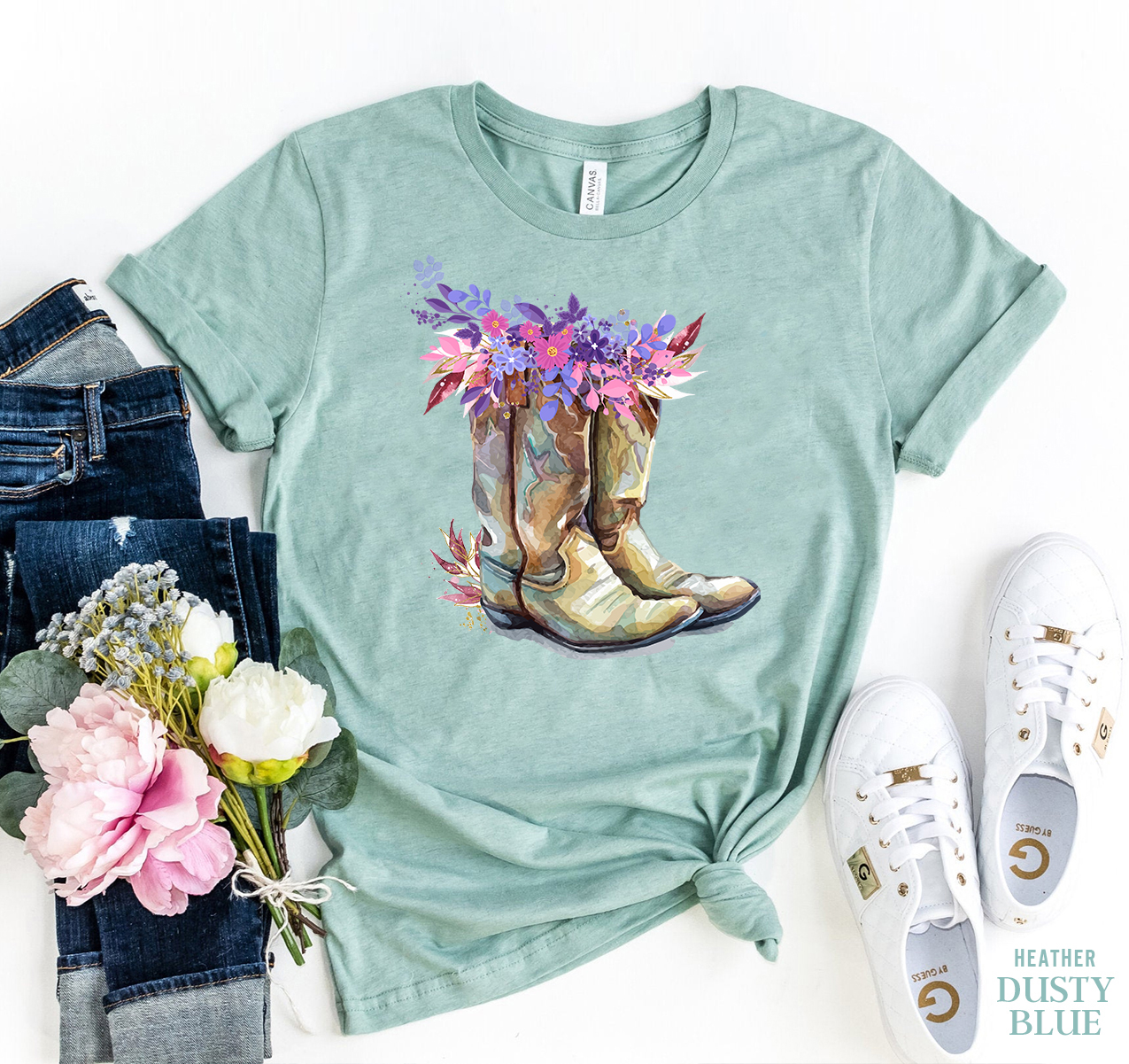 A stylish Cow Girl Boots T-shirt made from premium ring spun cotton, featuring a vibrant design and available in various sizes.