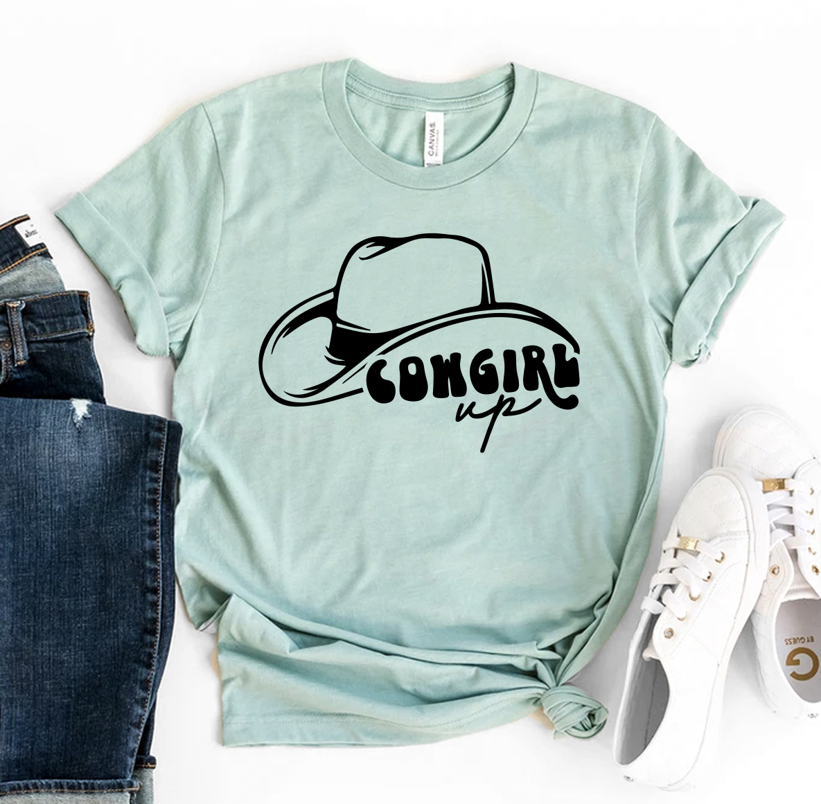 Cowgirl Up T-shirt made of premium ring spun cotton with a stylish flex print design, available in various sizes.