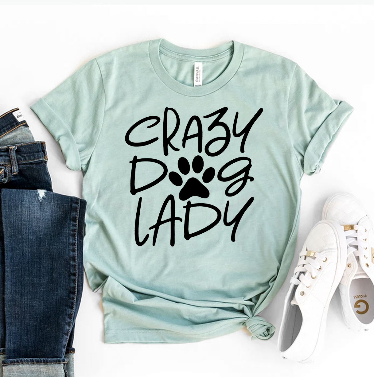 A stylish Crazy Dog Lady T-shirt made from premium ring spun cotton, featuring a vibrant dog-themed design.