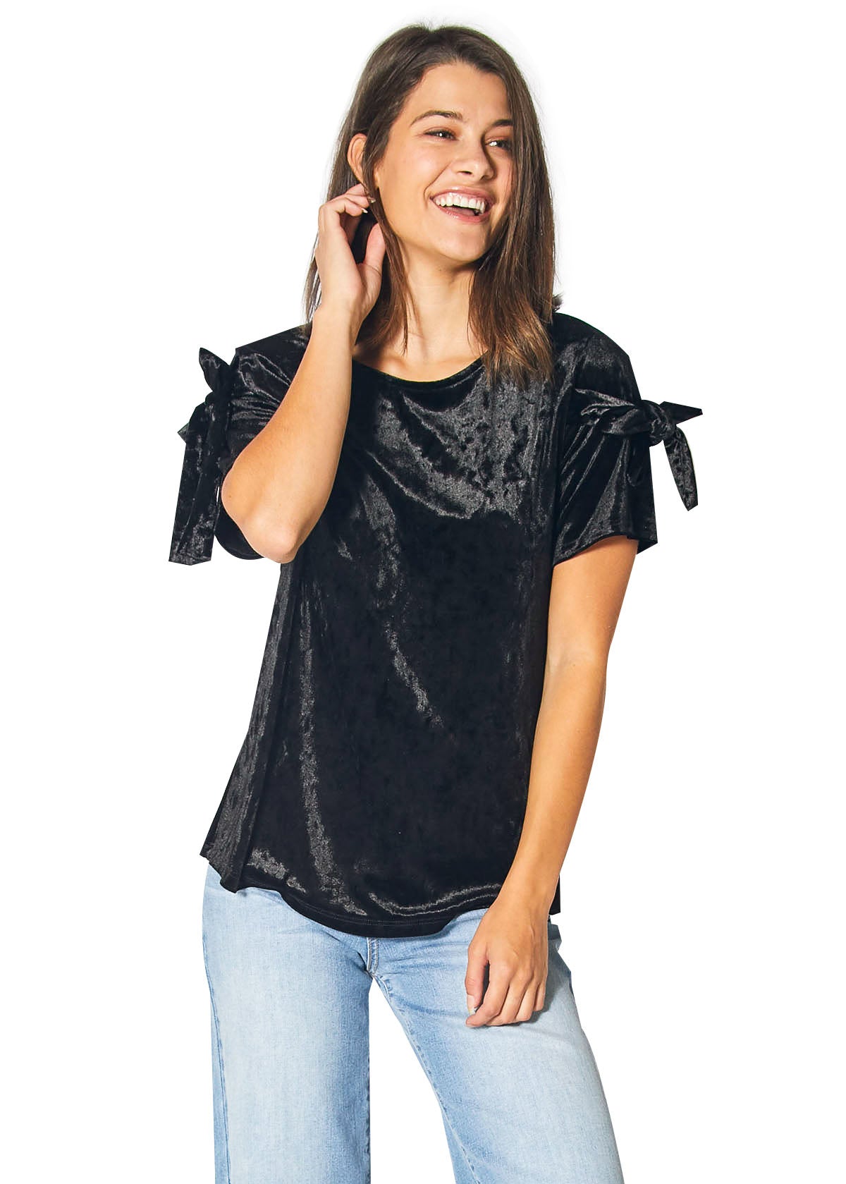 Crushed Velvet Tie Sleeve Tee in Black featuring stylish tie sleeves and luxurious texture.