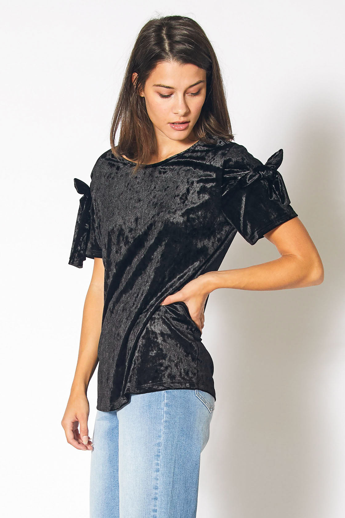 Crushed Velvet Tie Sleeve Tee in Black featuring stylish tie sleeves and luxurious texture.