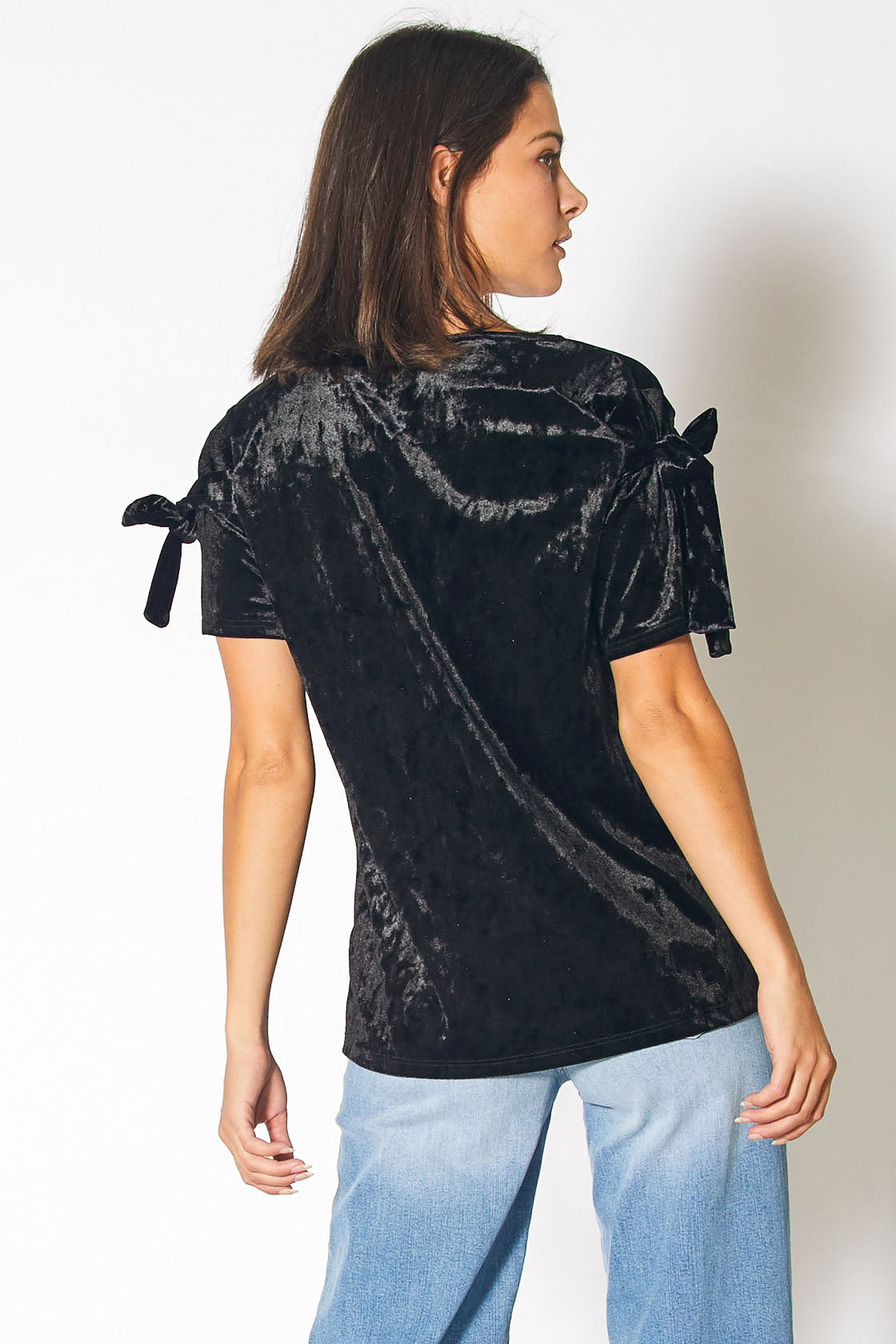 Crushed Velvet Tie Sleeve Tee in Black featuring stylish tie sleeves and luxurious texture.