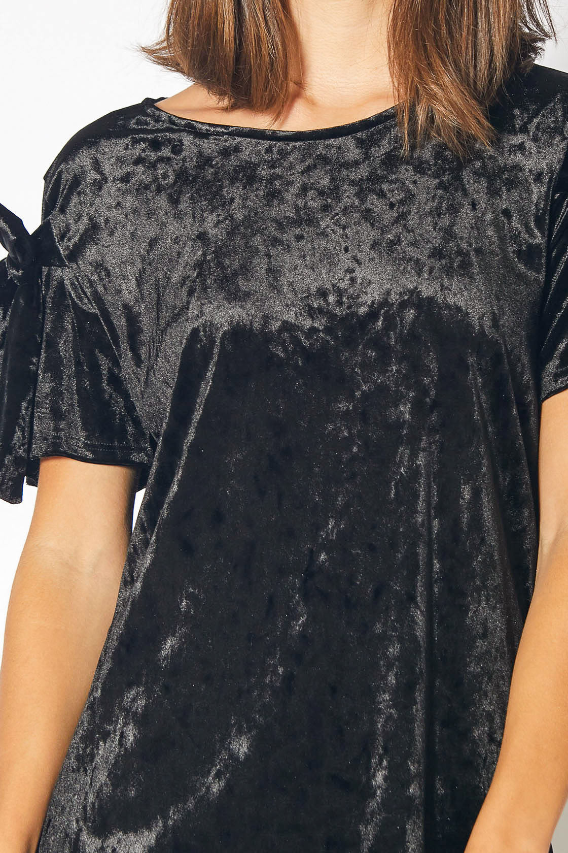 Crushed Velvet Tie Sleeve Tee in Black featuring stylish tie sleeves and luxurious texture.