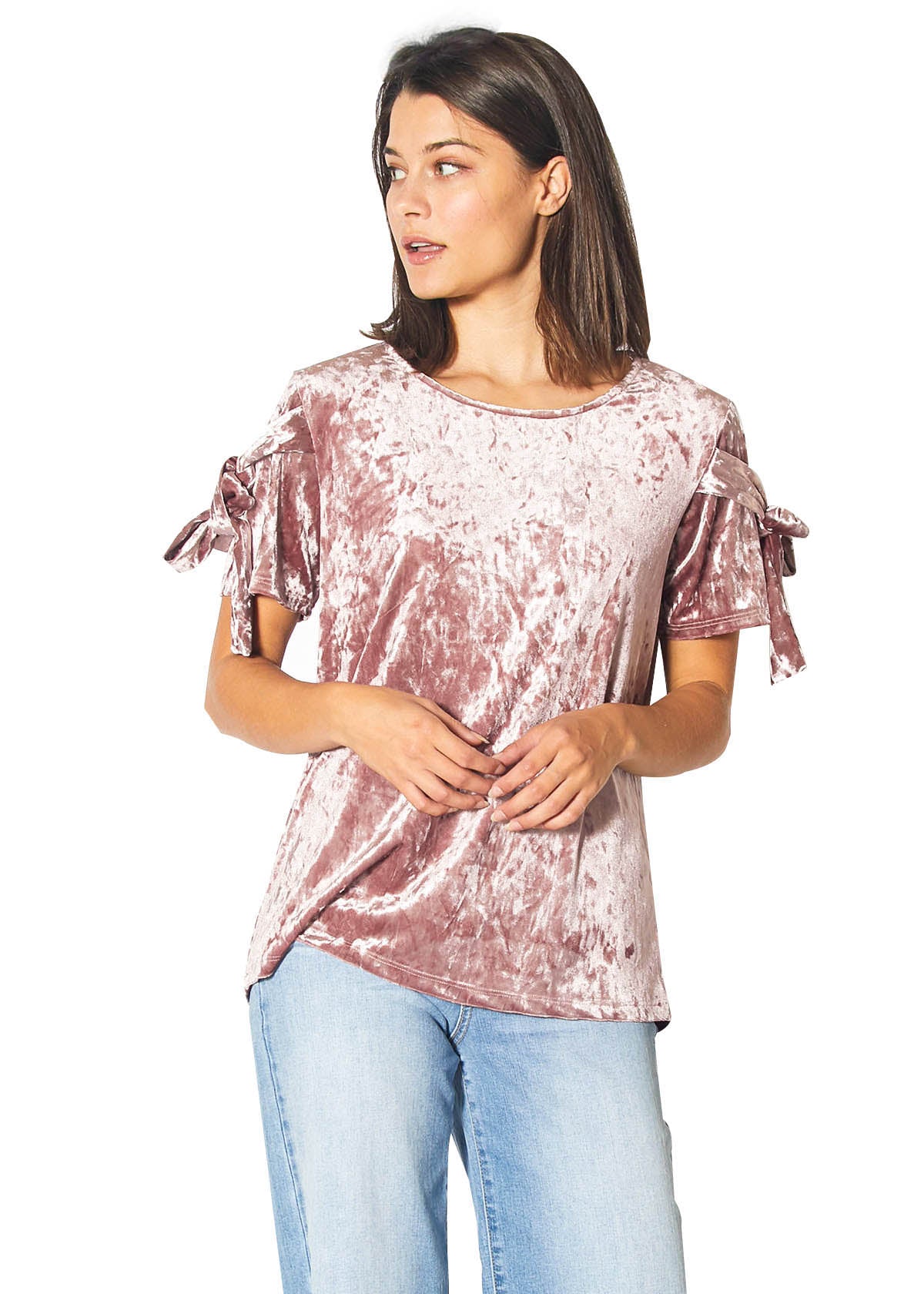 Crushed Velvet Tie Sleeve Tee in Mauve with elegant tie sleeves and soft texture.