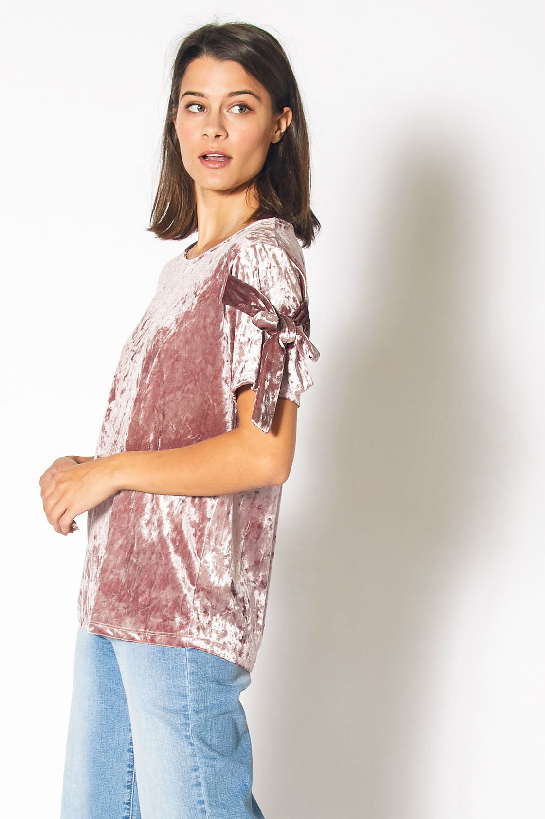 Crushed Velvet Tie Sleeve Tee in Mauve with elegant tie sleeves and soft texture.