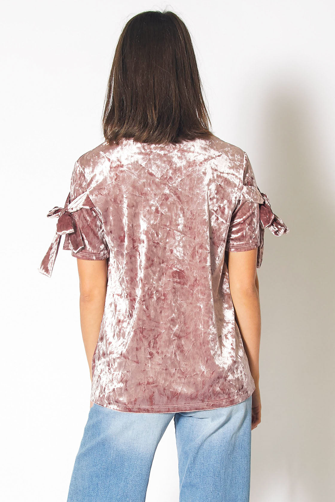 Crushed Velvet Tie Sleeve Tee in Mauve with elegant tie sleeves and soft texture.