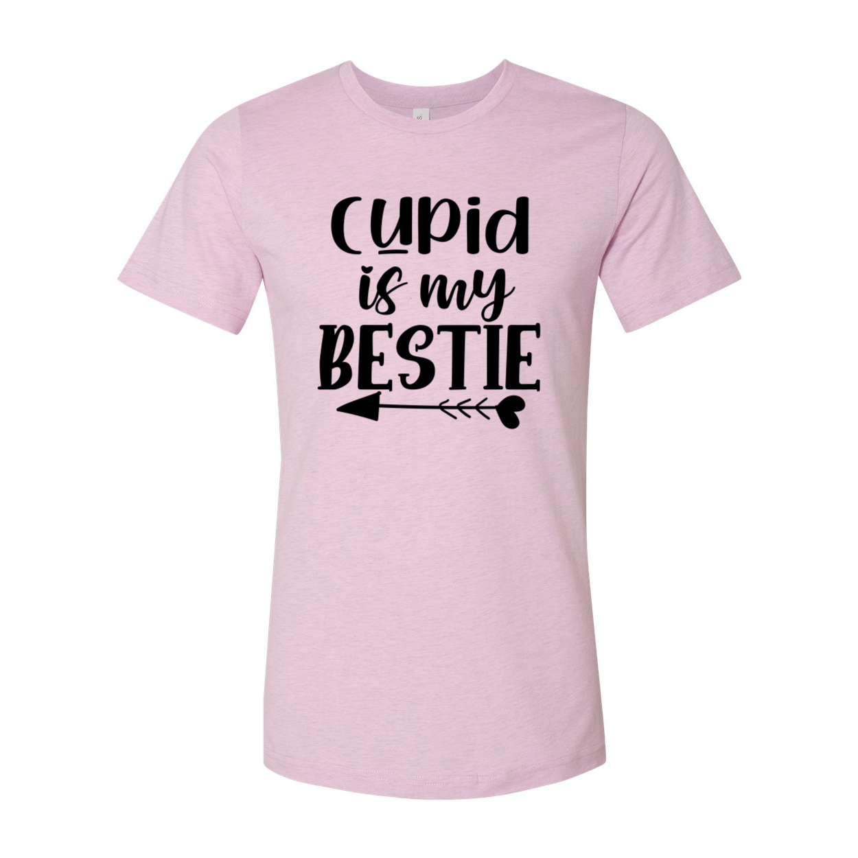 A stylish unisex T-shirt featuring the phrase 'Cupid Is My Bestie' in vibrant print, made from soft ring spun cotton.