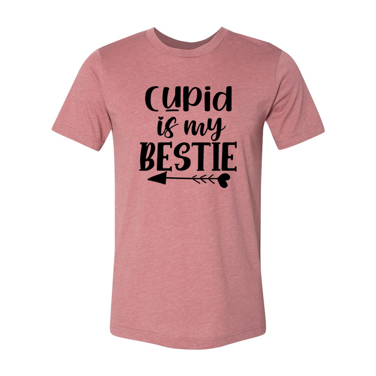 A stylish unisex T-shirt featuring the phrase 'Cupid Is My Bestie' in vibrant print, made from soft ring spun cotton.