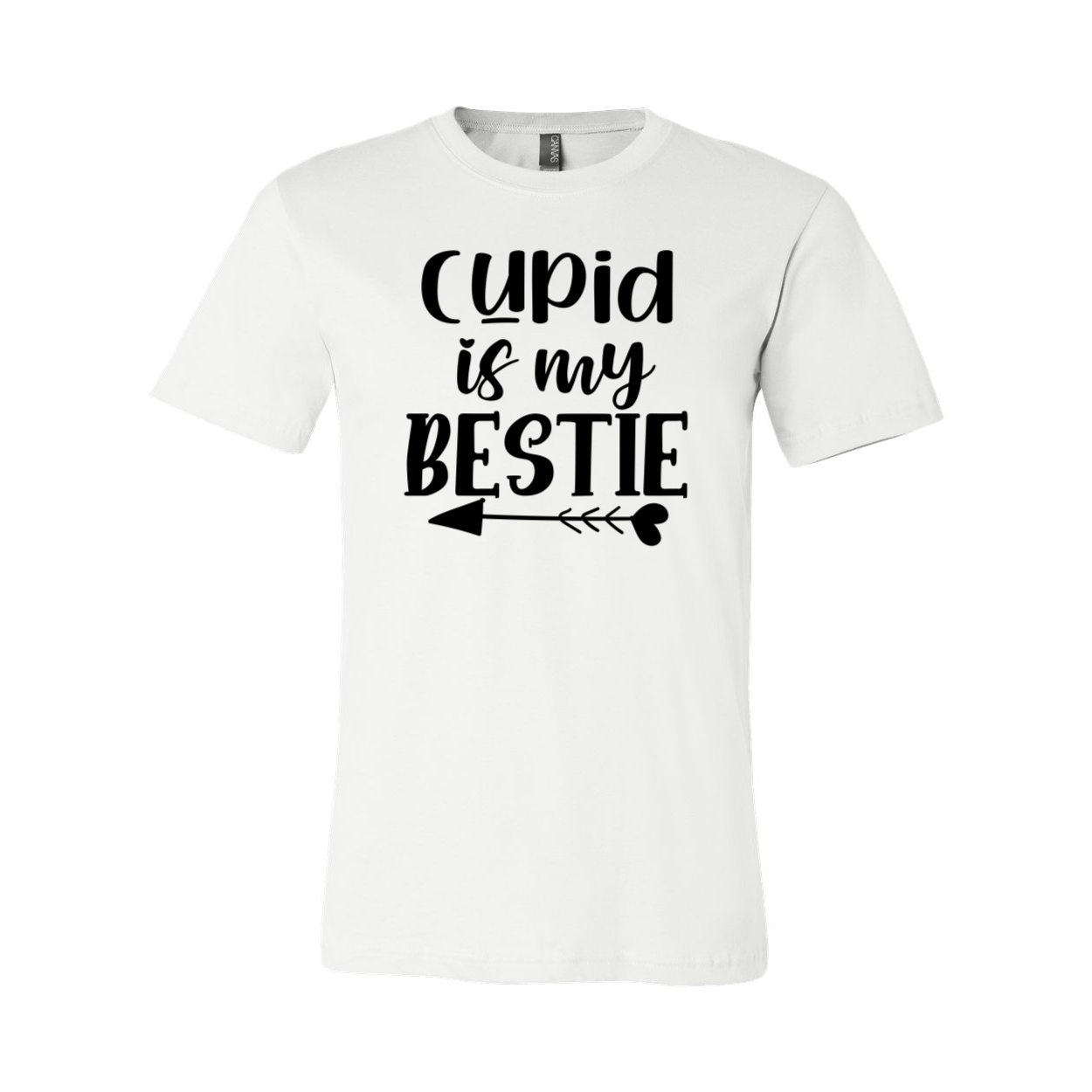 A stylish unisex T-shirt featuring the phrase 'Cupid Is My Bestie' in vibrant print, made from soft ring spun cotton.