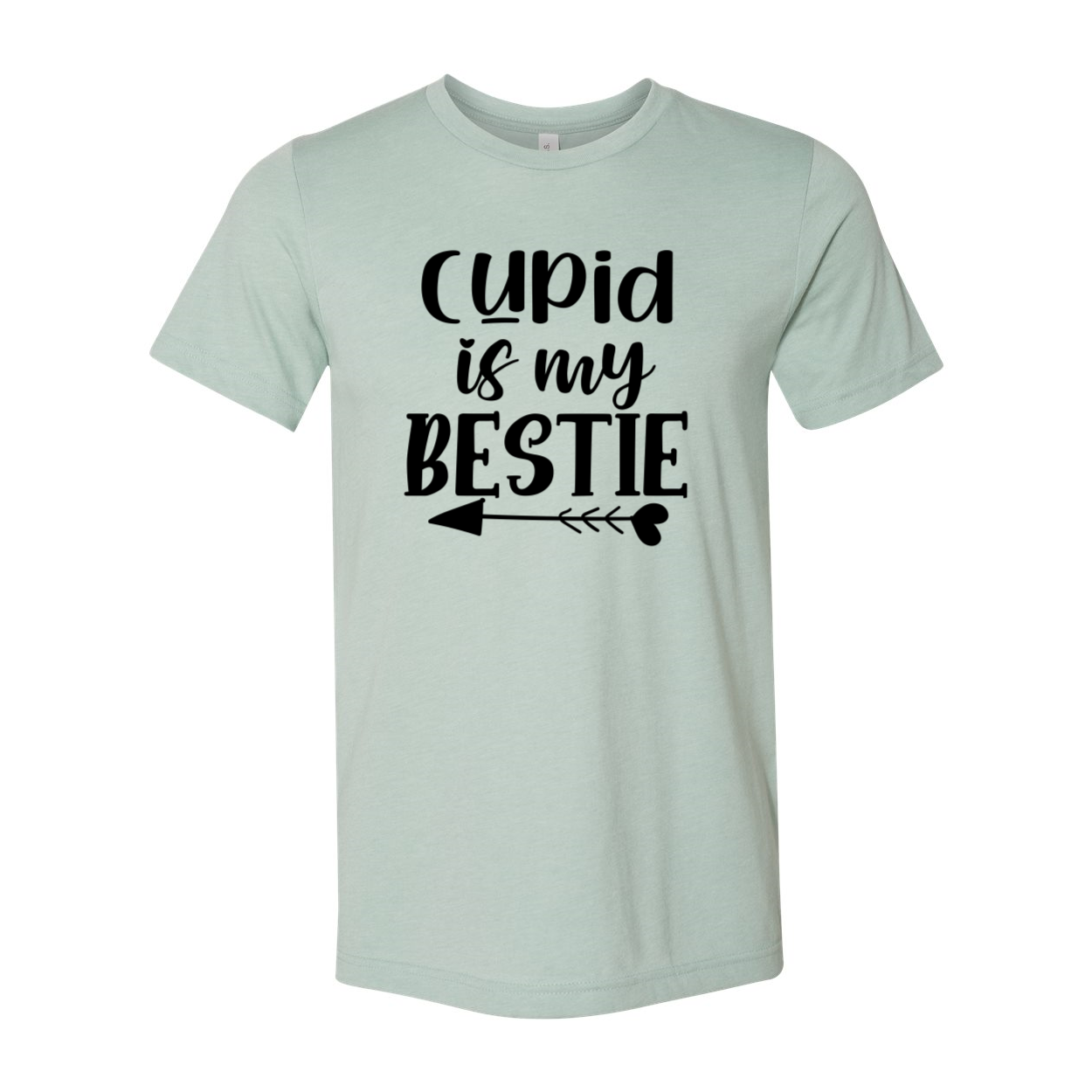 A stylish unisex T-shirt featuring the phrase 'Cupid Is My Bestie' in vibrant print, made from soft ring spun cotton.