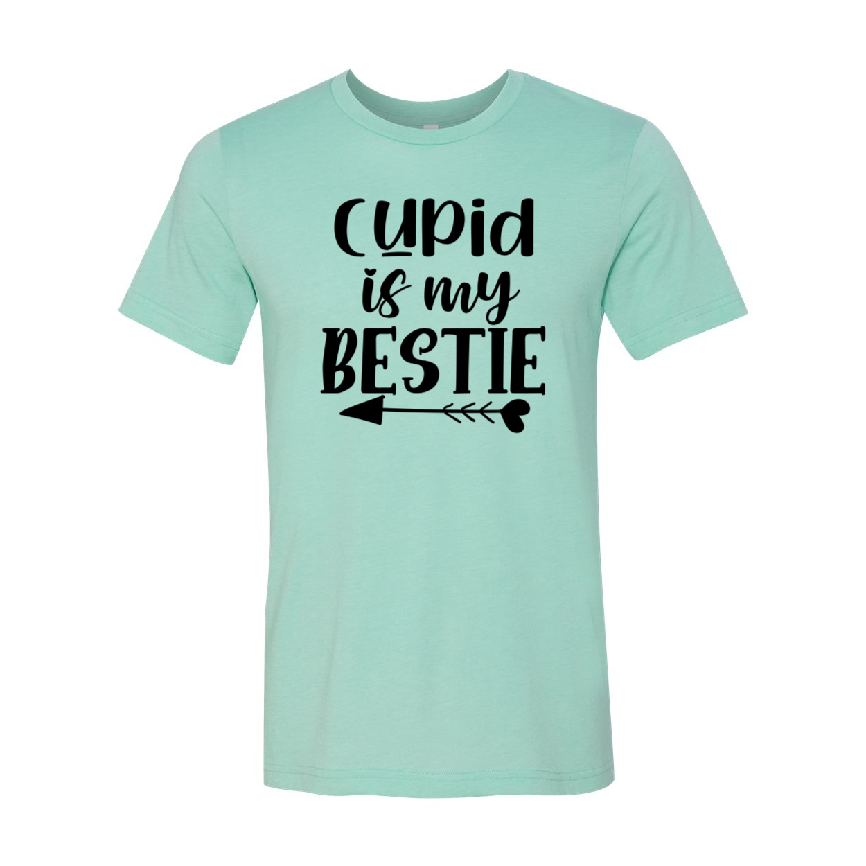 A stylish unisex T-shirt featuring the phrase 'Cupid Is My Bestie' in vibrant print, made from soft ring spun cotton.