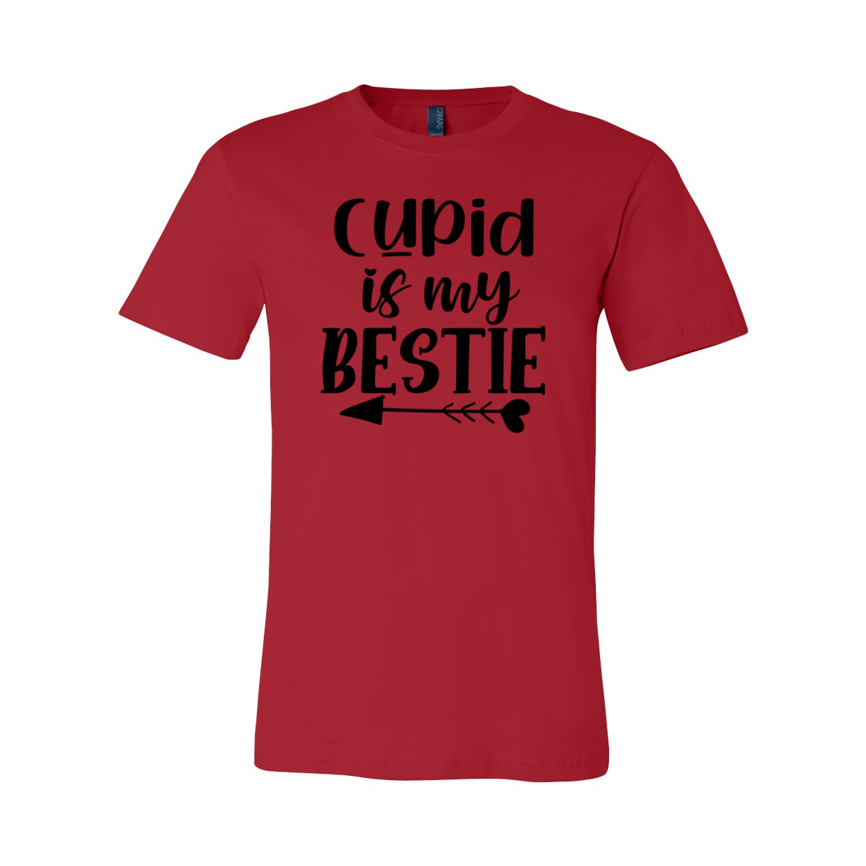 A stylish unisex T-shirt featuring the phrase 'Cupid Is My Bestie' in vibrant print, made from soft ring spun cotton.