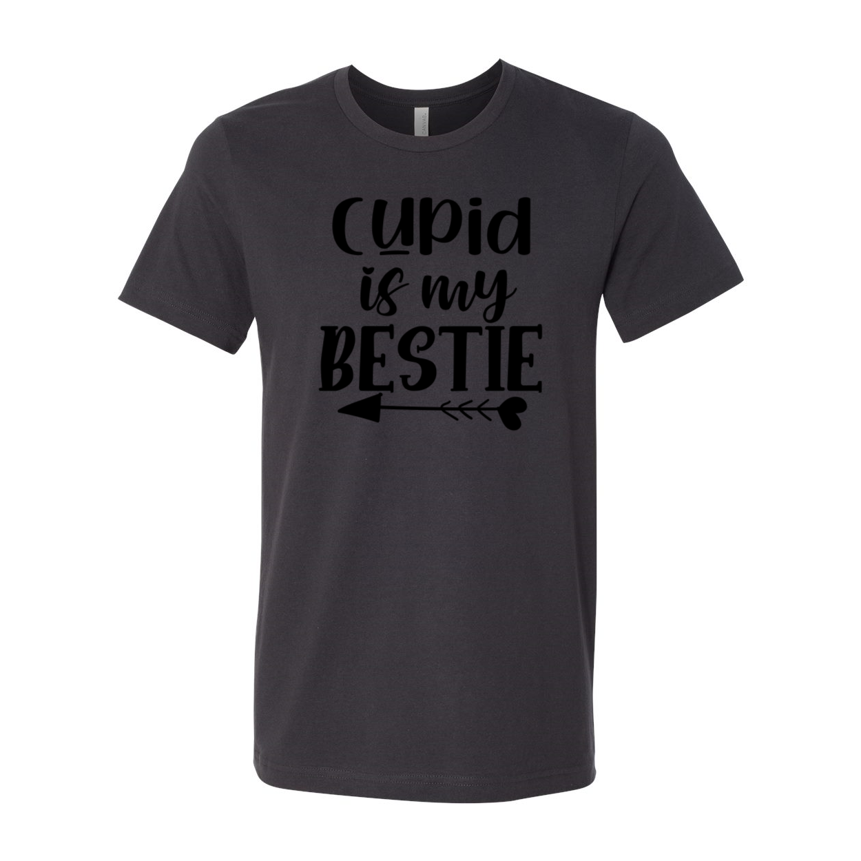 A stylish unisex T-shirt featuring the phrase 'Cupid Is My Bestie' in vibrant print, made from soft ring spun cotton.