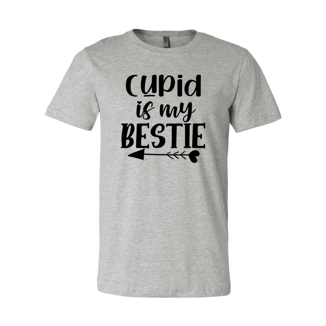 A stylish unisex T-shirt featuring the phrase 'Cupid Is My Bestie' in vibrant print, made from soft ring spun cotton.