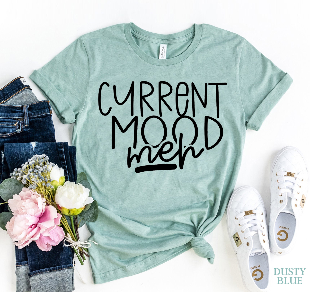 Current Mood Meh T-shirt in various sizes, showcasing its soft cotton fabric and high-quality print.