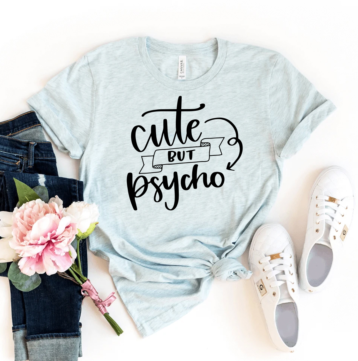 Cute But Psycho T-shirt made from premium ring spun cotton, featuring a striking design with soft textile flex print.