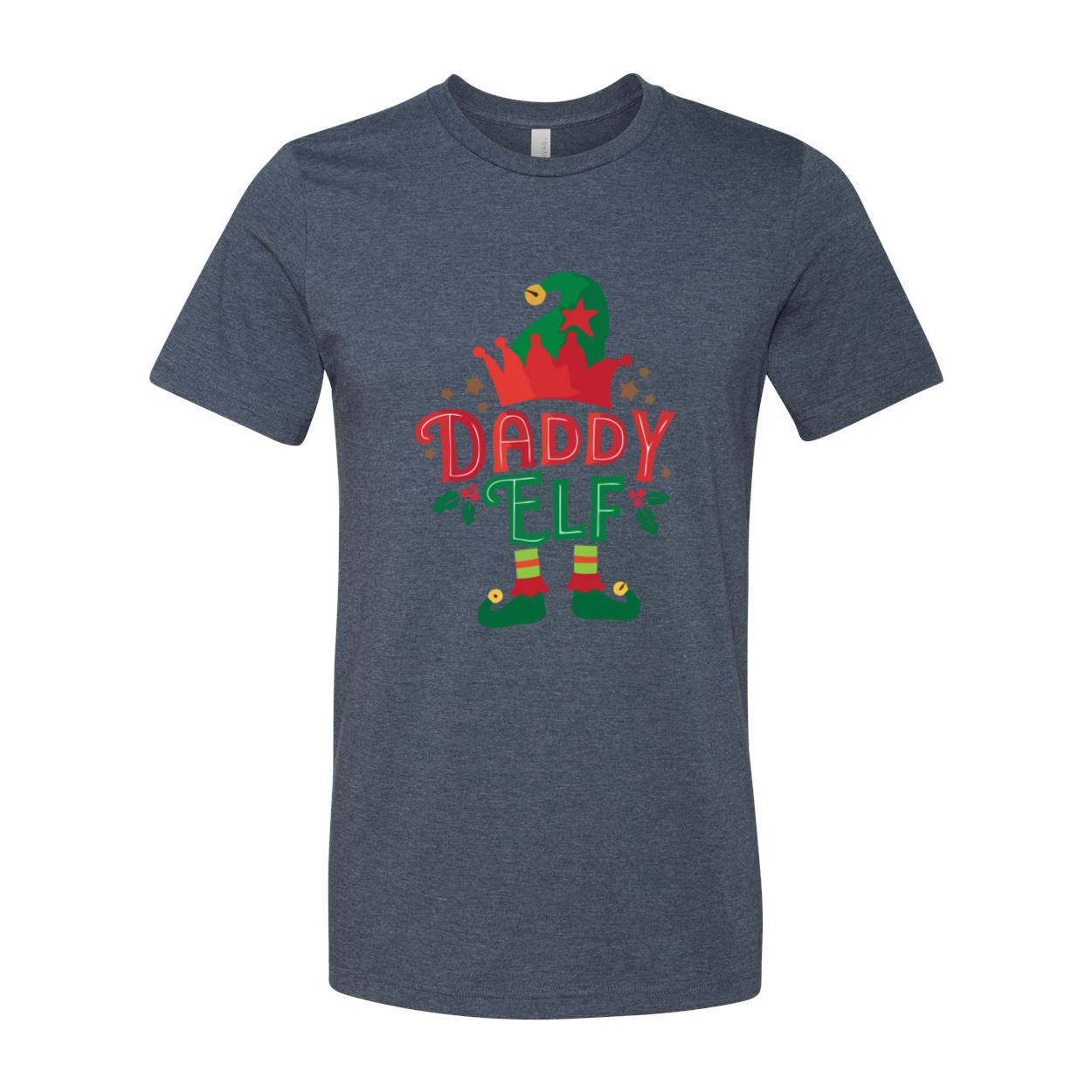 A festive Daddy Elf Shirt made from soft ring spun cotton, featuring a classic crew neck and short sleeves, available in multiple colors.