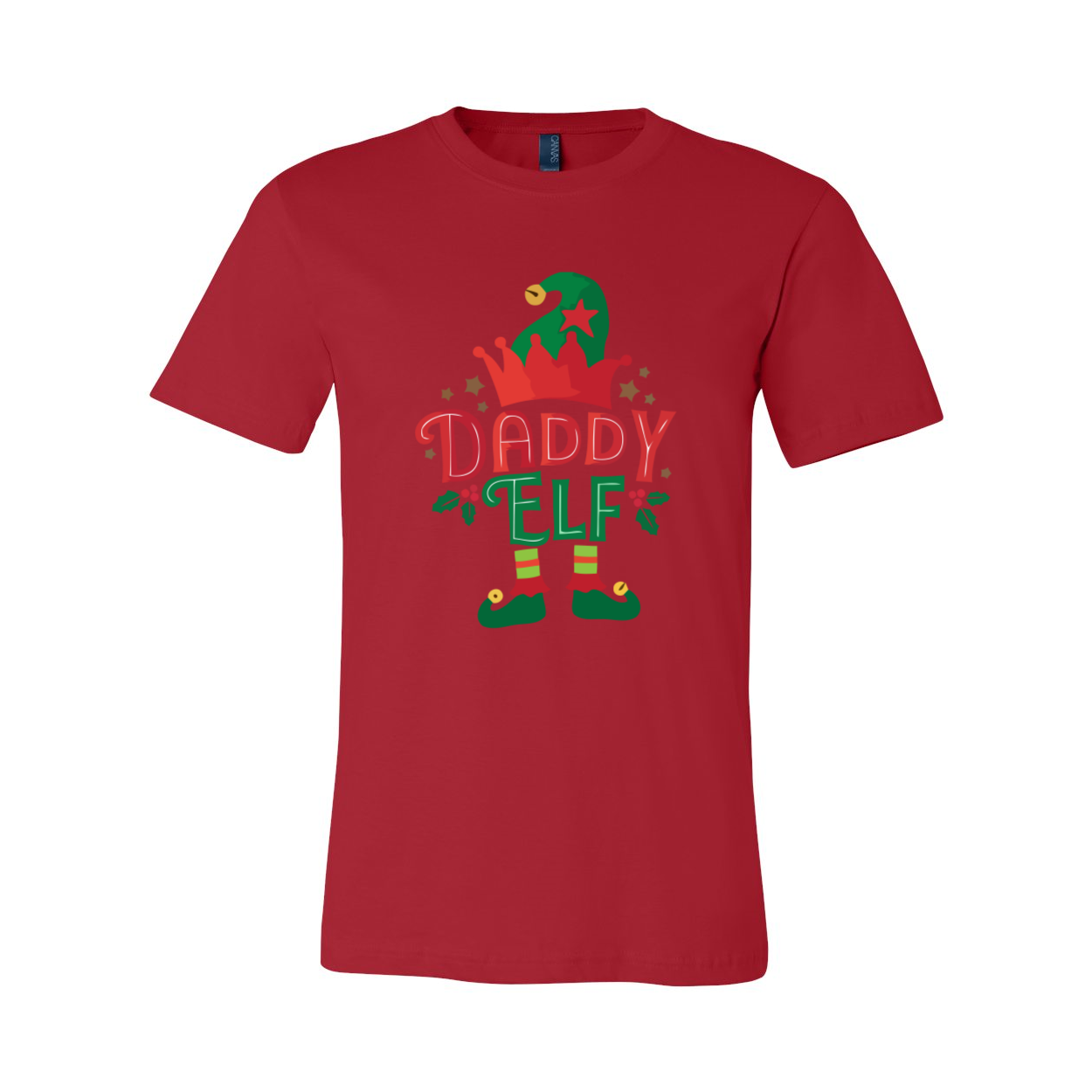 A festive Daddy Elf Shirt made from soft ring spun cotton, featuring a classic crew neck and short sleeves, available in multiple colors.