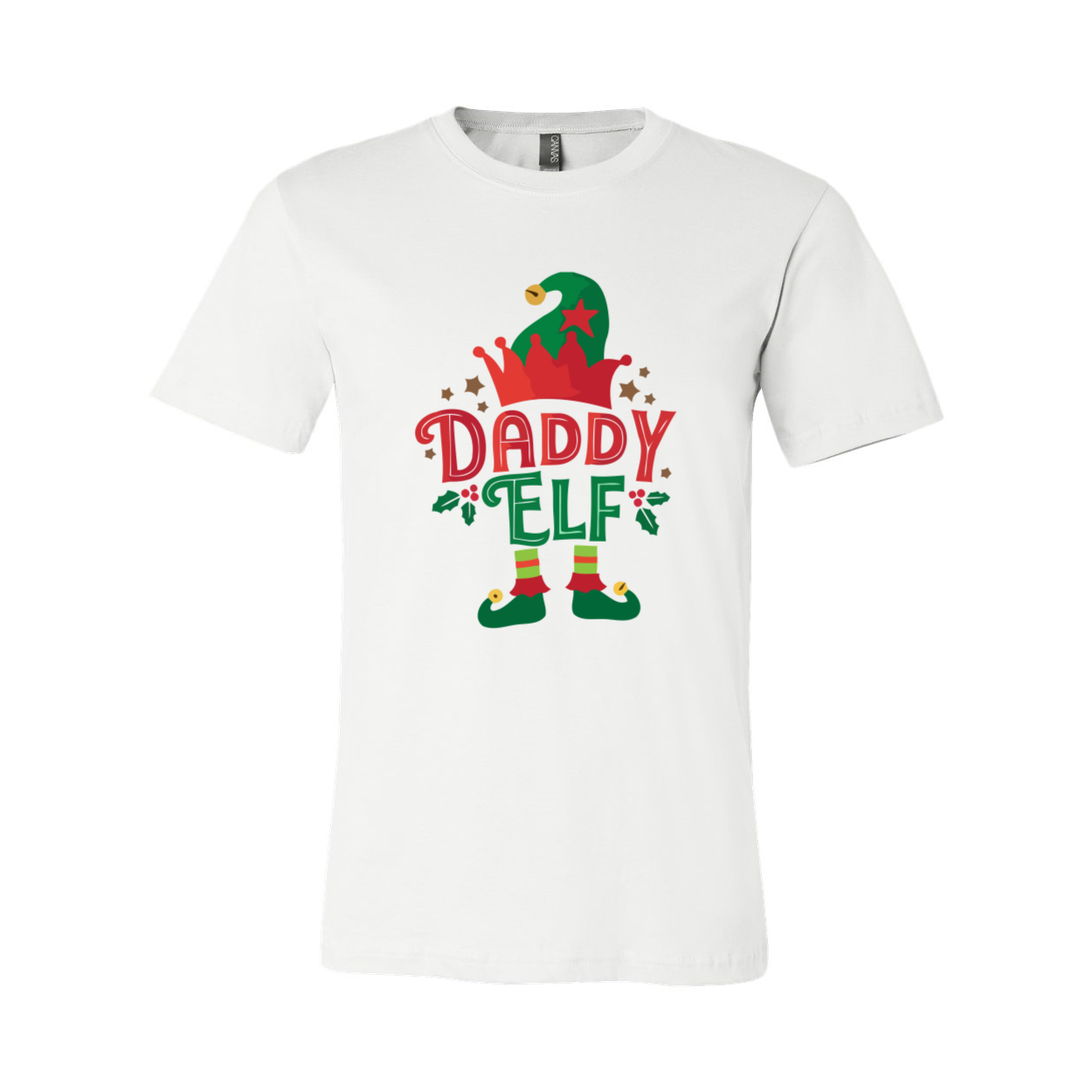 A festive Daddy Elf Shirt made from soft ring spun cotton, featuring a classic crew neck and short sleeves, available in multiple colors.