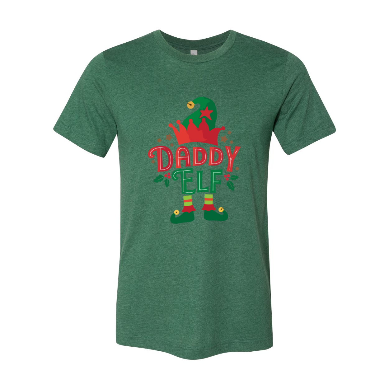 A festive Daddy Elf Shirt made from soft ring spun cotton, featuring a classic crew neck and short sleeves, available in multiple colors.