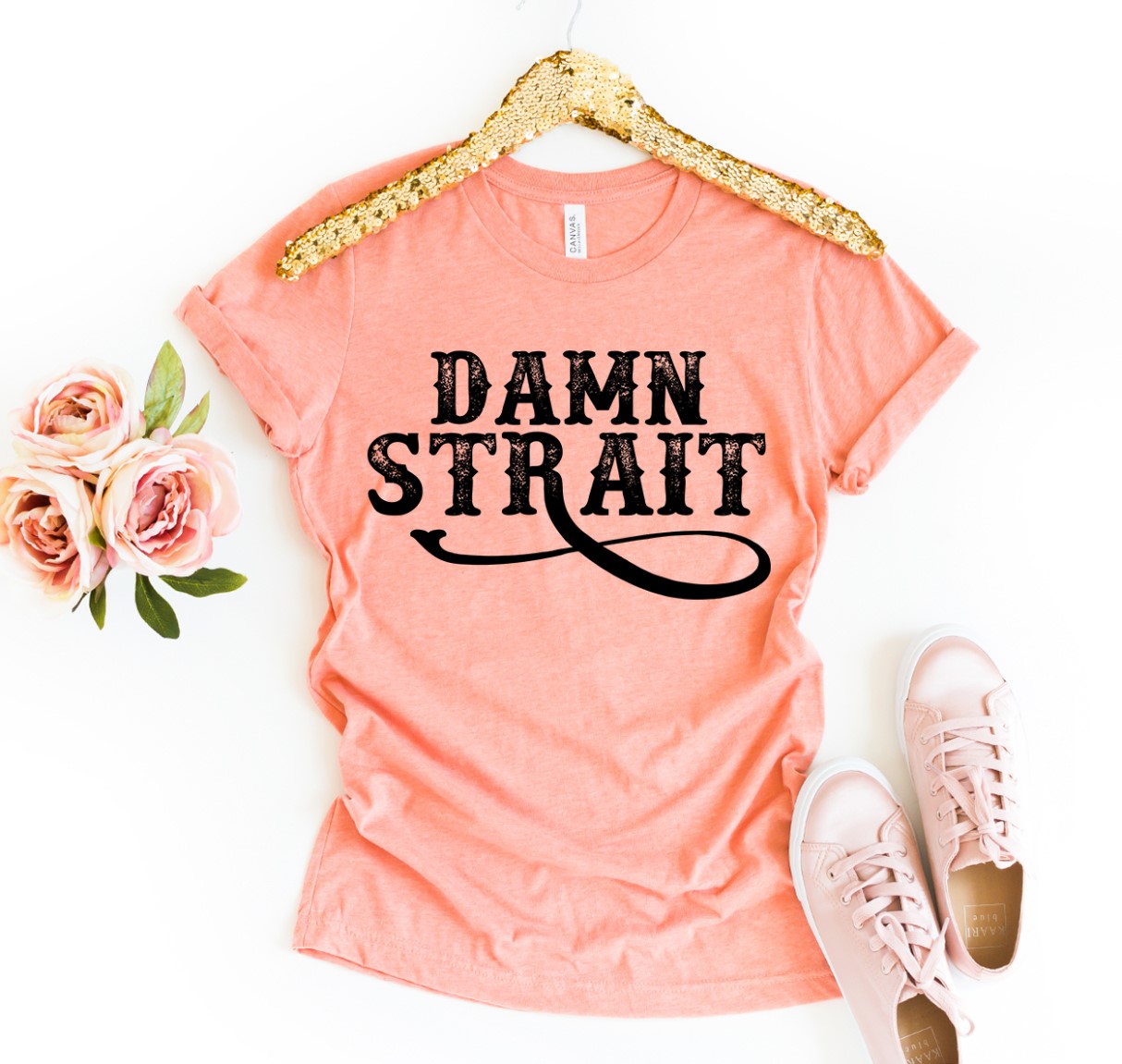 Damn Strait Shirt made from premium ring spun cotton, featuring a vibrant flex print design, available in various sizes.