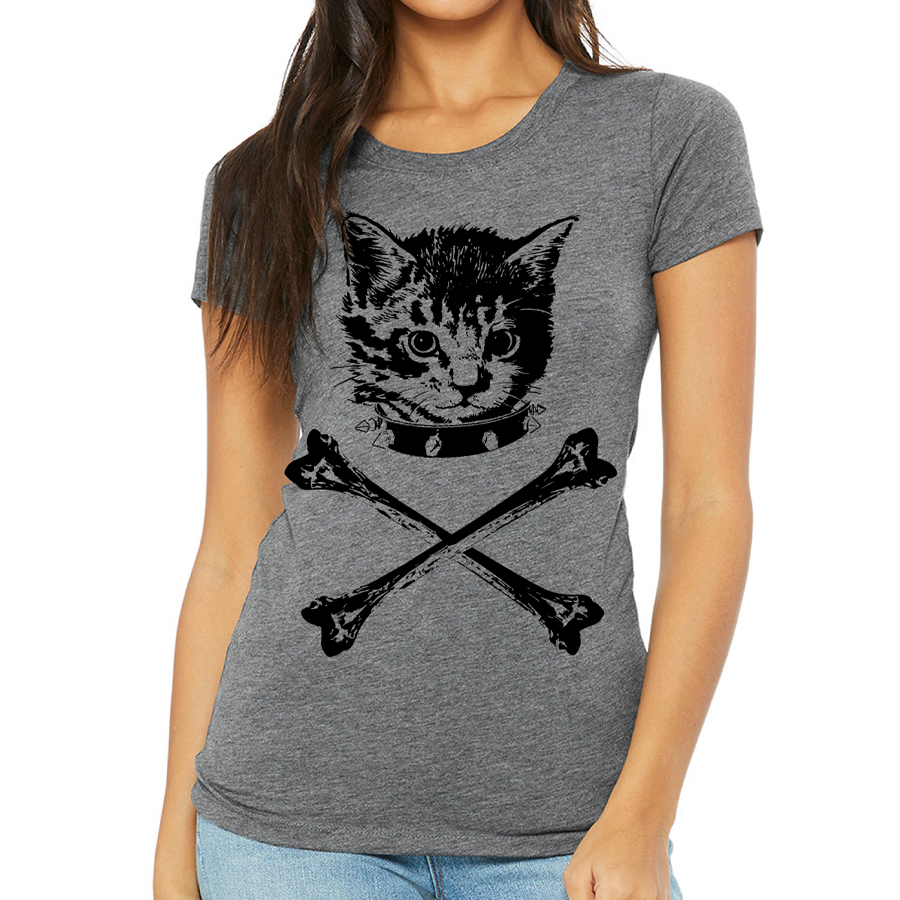 A stylish women's tee featuring a unique Danger Kitty design, made from soft Bella Canvas fabric, showcasing eco-friendly printing.