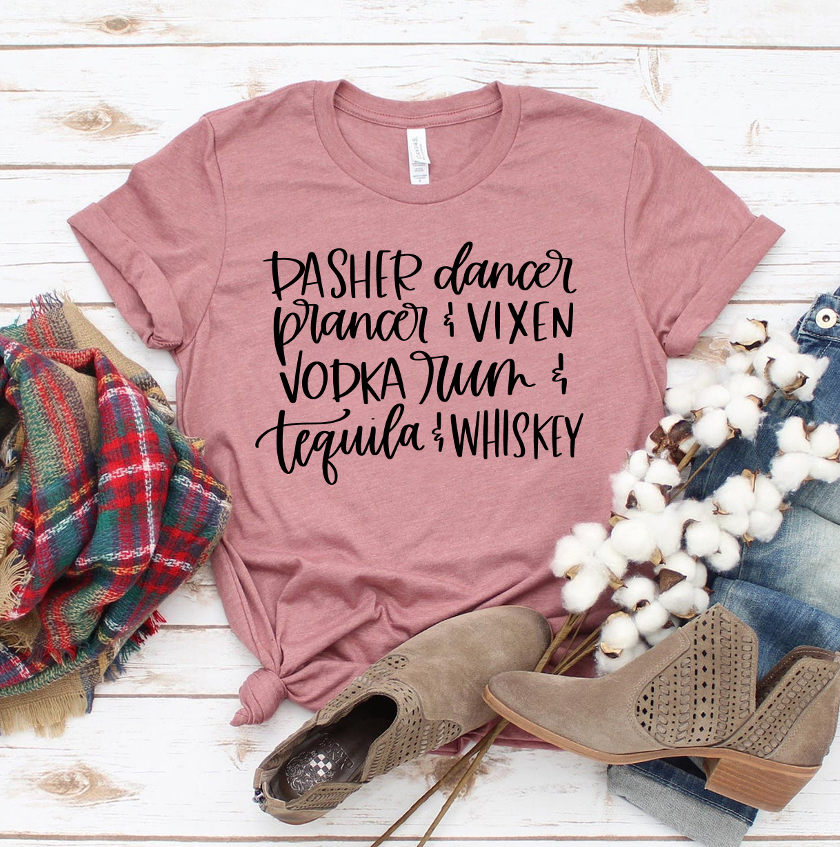 Dasher Dancer Prancer T-shirt made from premium ring spun cotton, featuring a vibrant flex print design, available in various sizes.