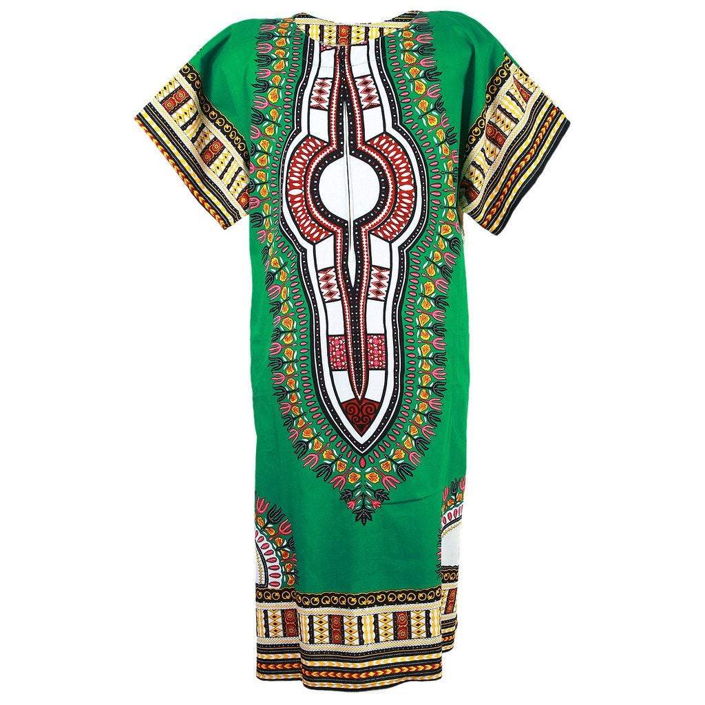 A vibrant green Dashiki African dress featuring traditional prints, showcasing a comfortable and stylish long design suitable for various occasions.