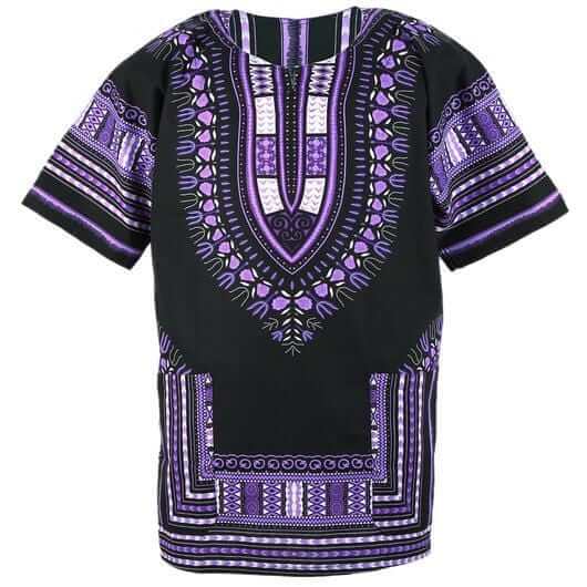 Dashiki African Festival Black Shirt featuring vibrant handmade print in black, yellow, and orange colors, made from 100% cotton.