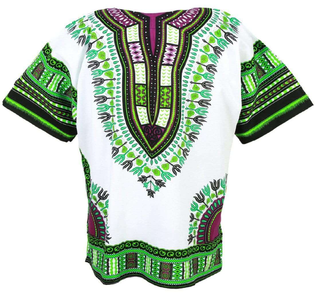 A stylish Dashiki African Shirt made of 100% cotton in a classic white color, featuring a unique design that looks the same on both sides.