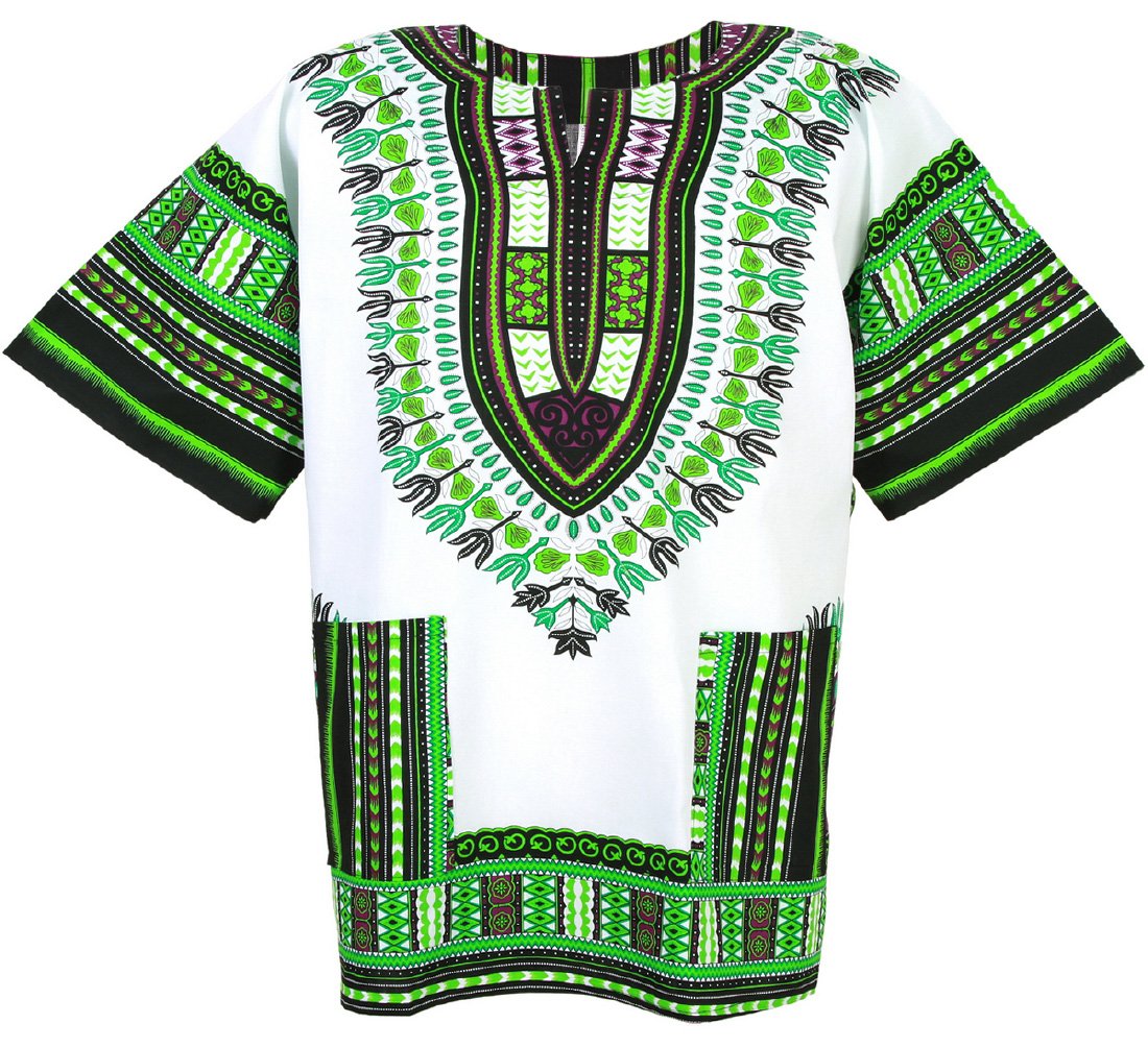 A stylish Dashiki African Shirt made of 100% cotton in a classic white color, featuring a unique design that looks the same on both sides.