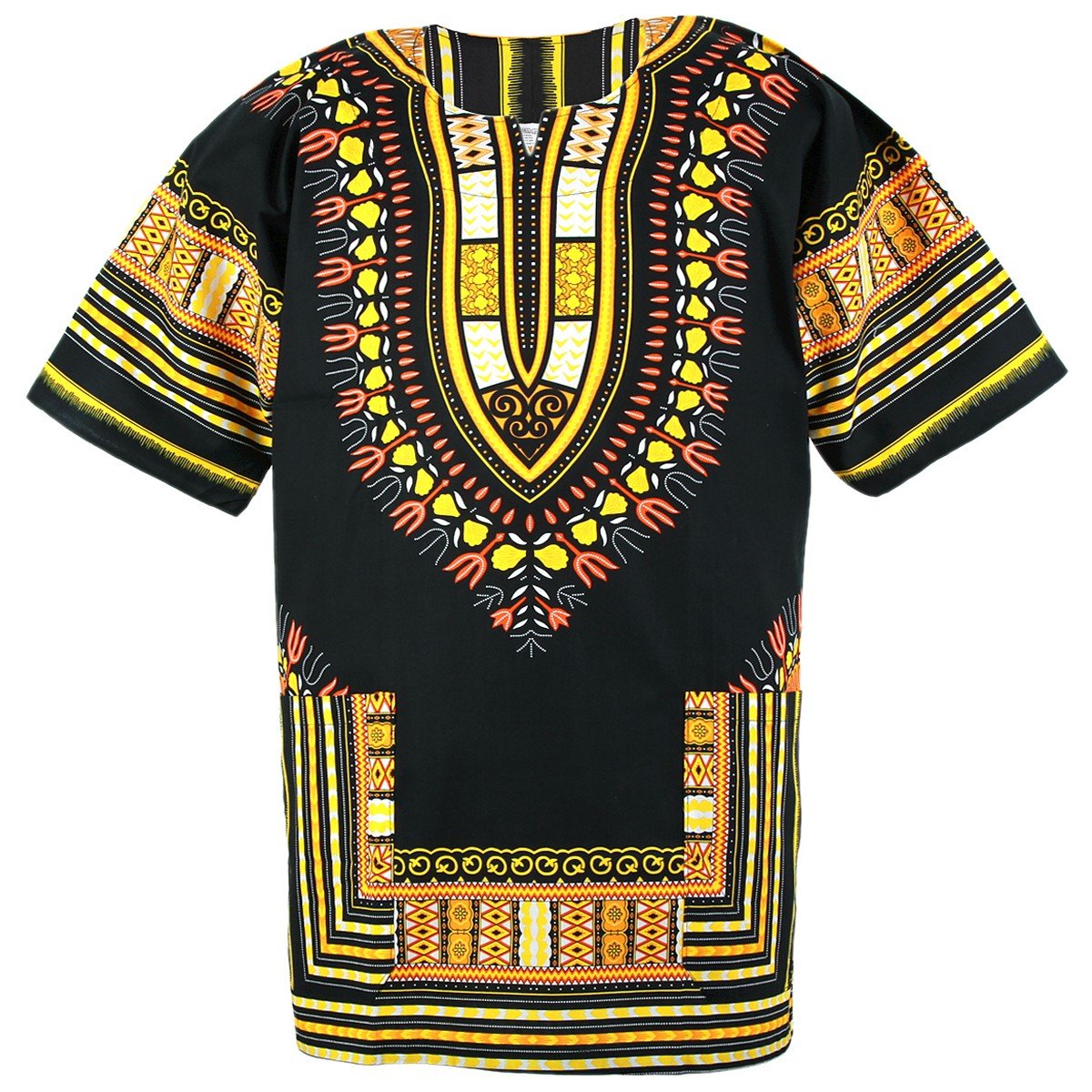 A vibrant Dashiki African Shirt made from 100% cotton, featuring intricate patterns and a unique design that looks the same on both sides.