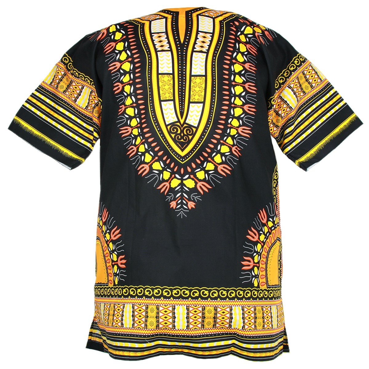 A vibrant Dashiki African Shirt made from 100% cotton, featuring intricate patterns and a unique design that looks the same on both sides.