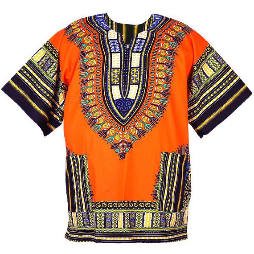 Vibrant orange Dashiki African Shirt made from 100% cotton, showcasing unique front and back design.