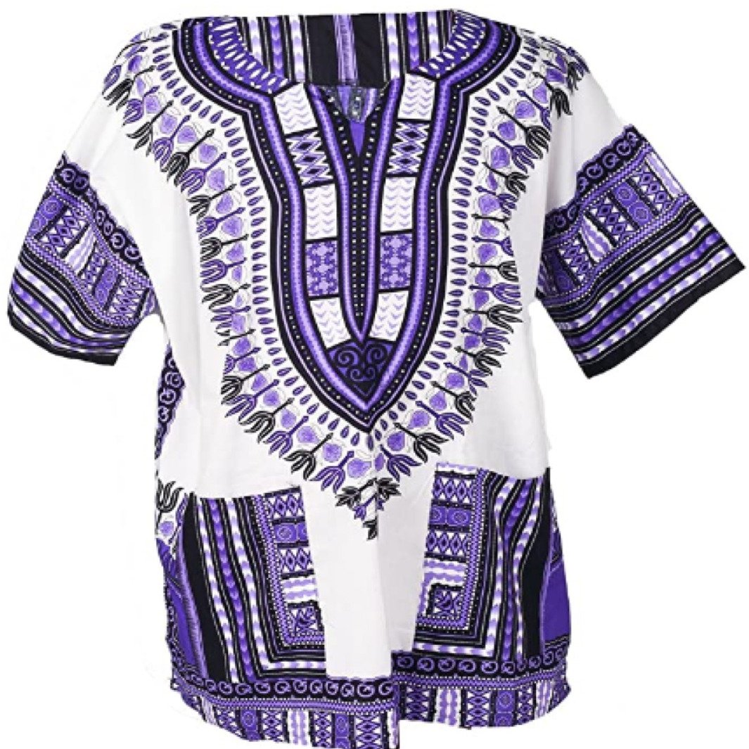 A stylish Dashiki African shirt made from 100% cotton, featuring a white color and a unique design that looks the same on both sides.