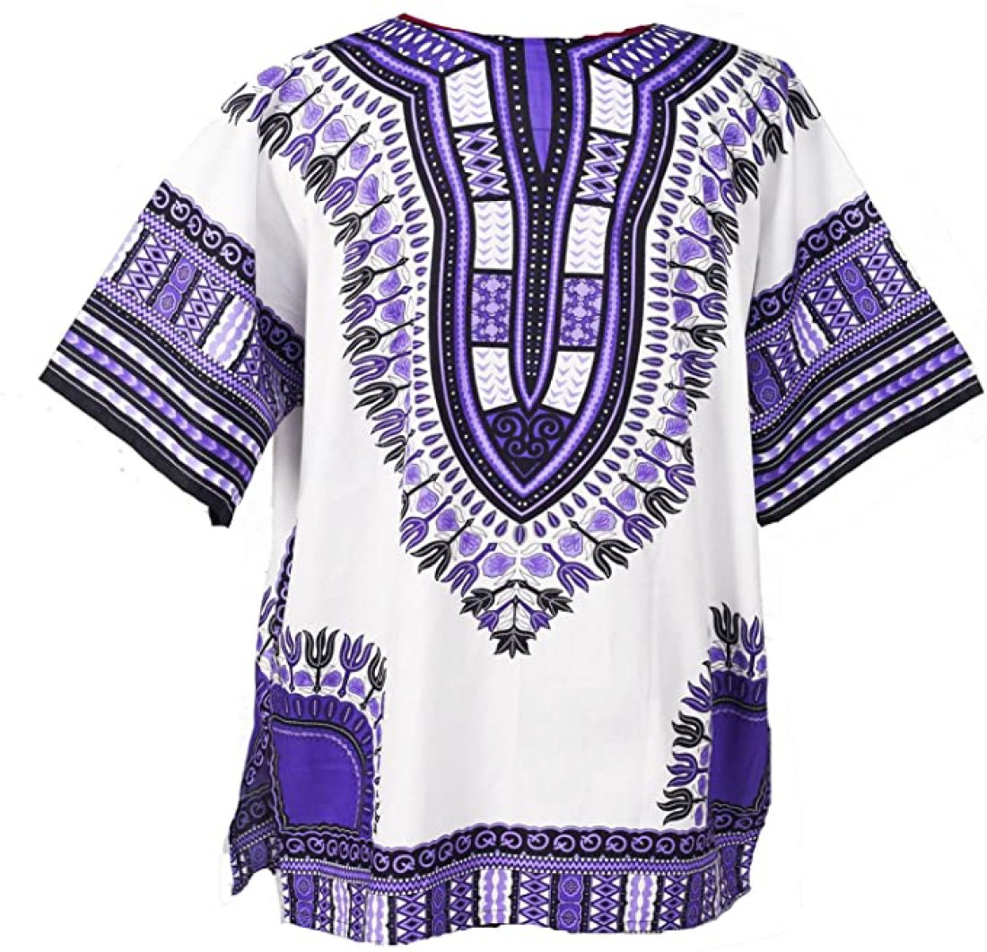 A stylish Dashiki African shirt made from 100% cotton, featuring a white color and a unique design that looks the same on both sides.