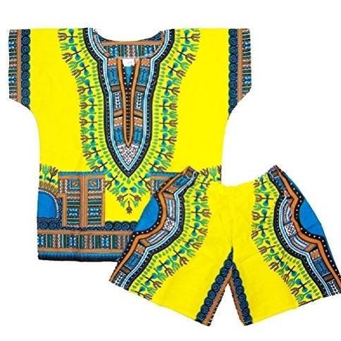 A vibrant yellow Dashiki Children Suit Shirt with matching shorts, showcasing traditional African print, perfect for kids.