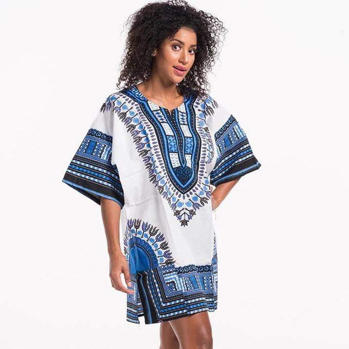 Dashiki Free White/Blue Mini Dress Shirt made of 100% cotton, featuring a stylish design suitable for various occasions.