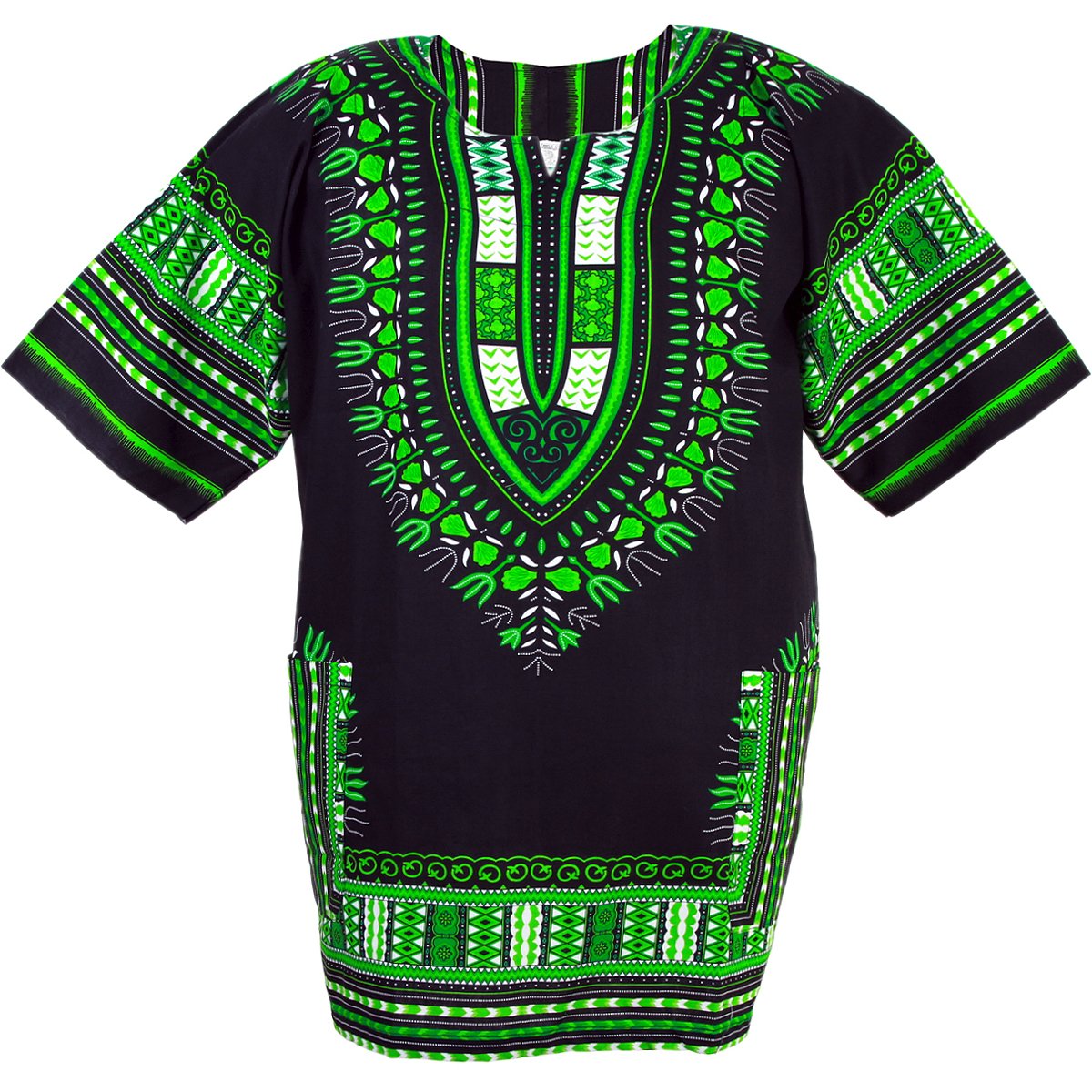 A stylish Dashiki Shirt made from 100% cotton, featuring a traditional African design in black and green colors, suitable for all body types.