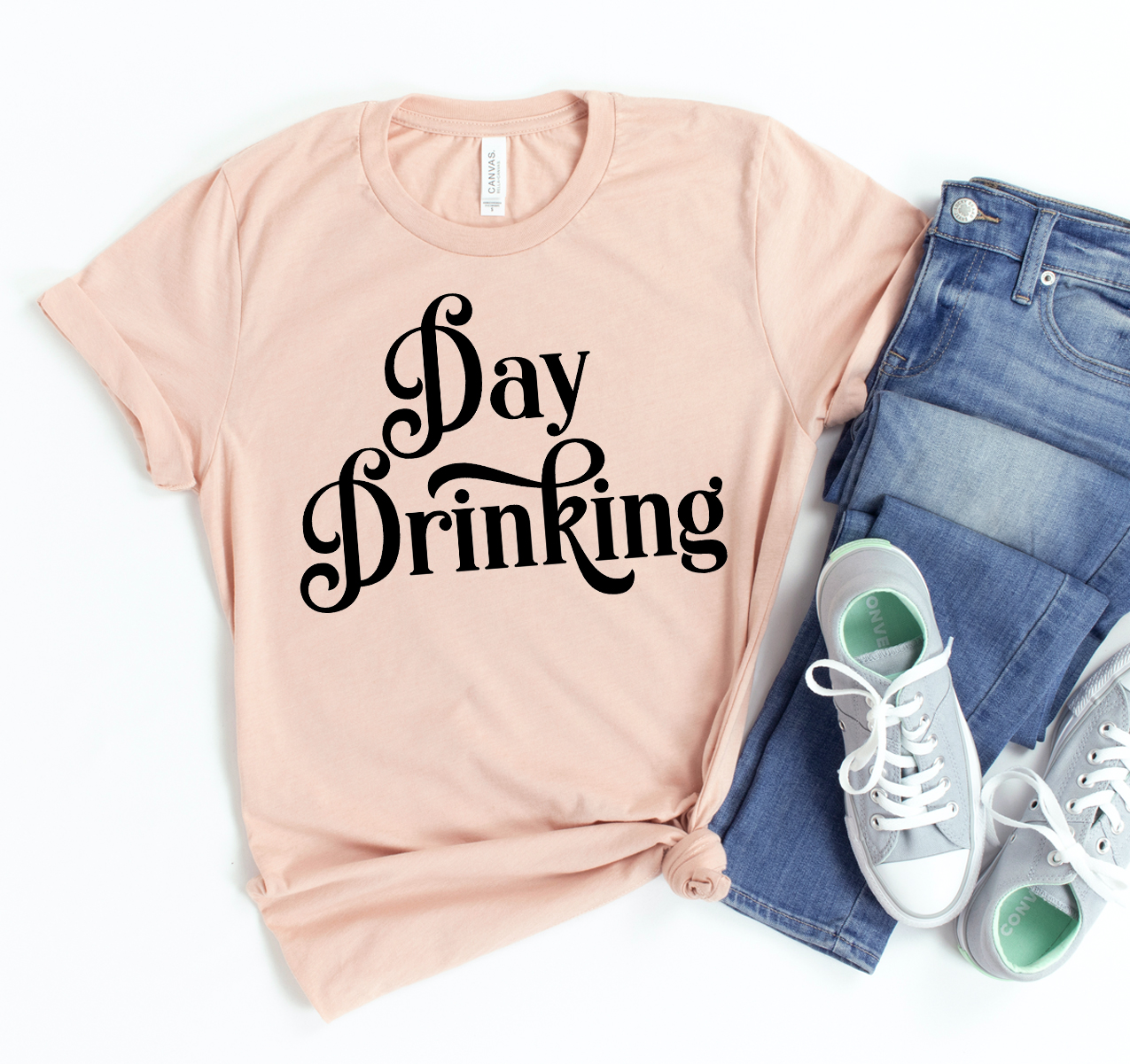 A stylish unisex Day Drinking T-shirt made from soft airlume cotton, perfect for casual outings.