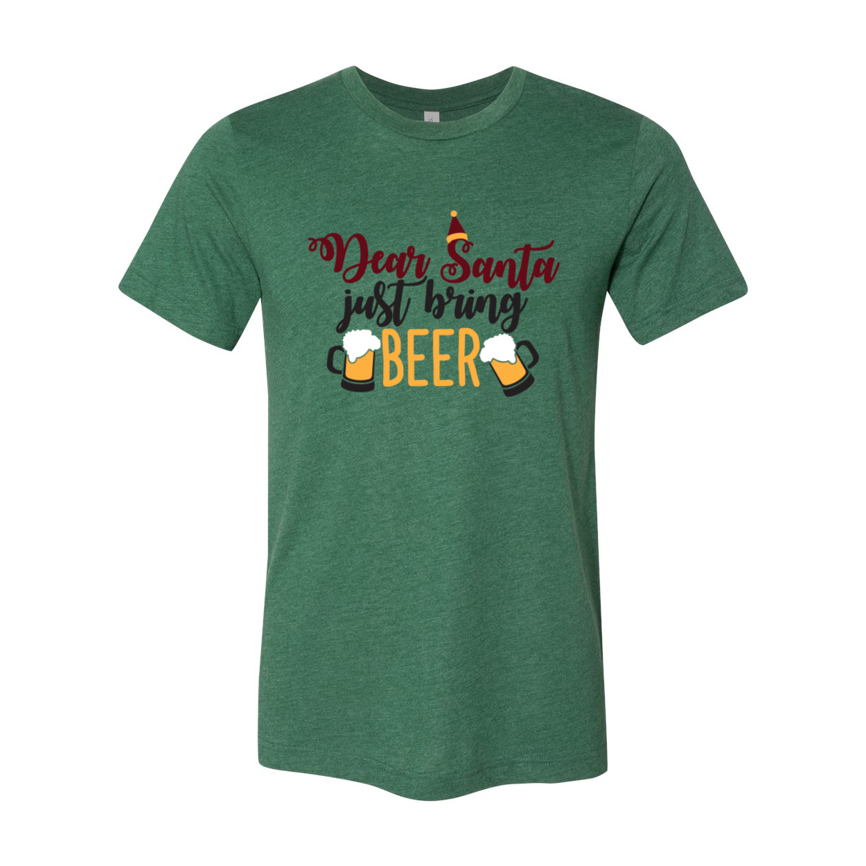 A festive unisex T-shirt featuring the phrase 'Dear Santa Bring Beer' in a fun, holiday-themed design, available in multiple colors.