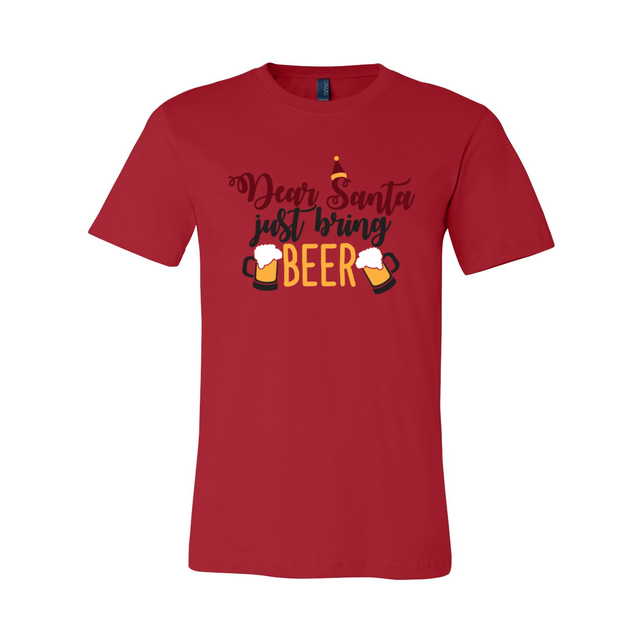 A festive unisex T-shirt featuring the phrase 'Dear Santa Bring Beer' in a fun, holiday-themed design, available in multiple colors.