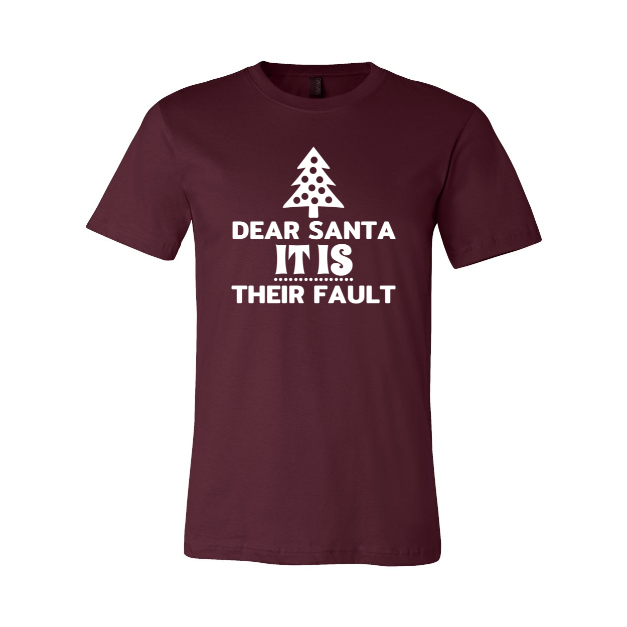 A unisex T-shirt featuring the humorous text 'Dear Santa It Is Their Fault', made from soft ring spun cotton, available in various colors.