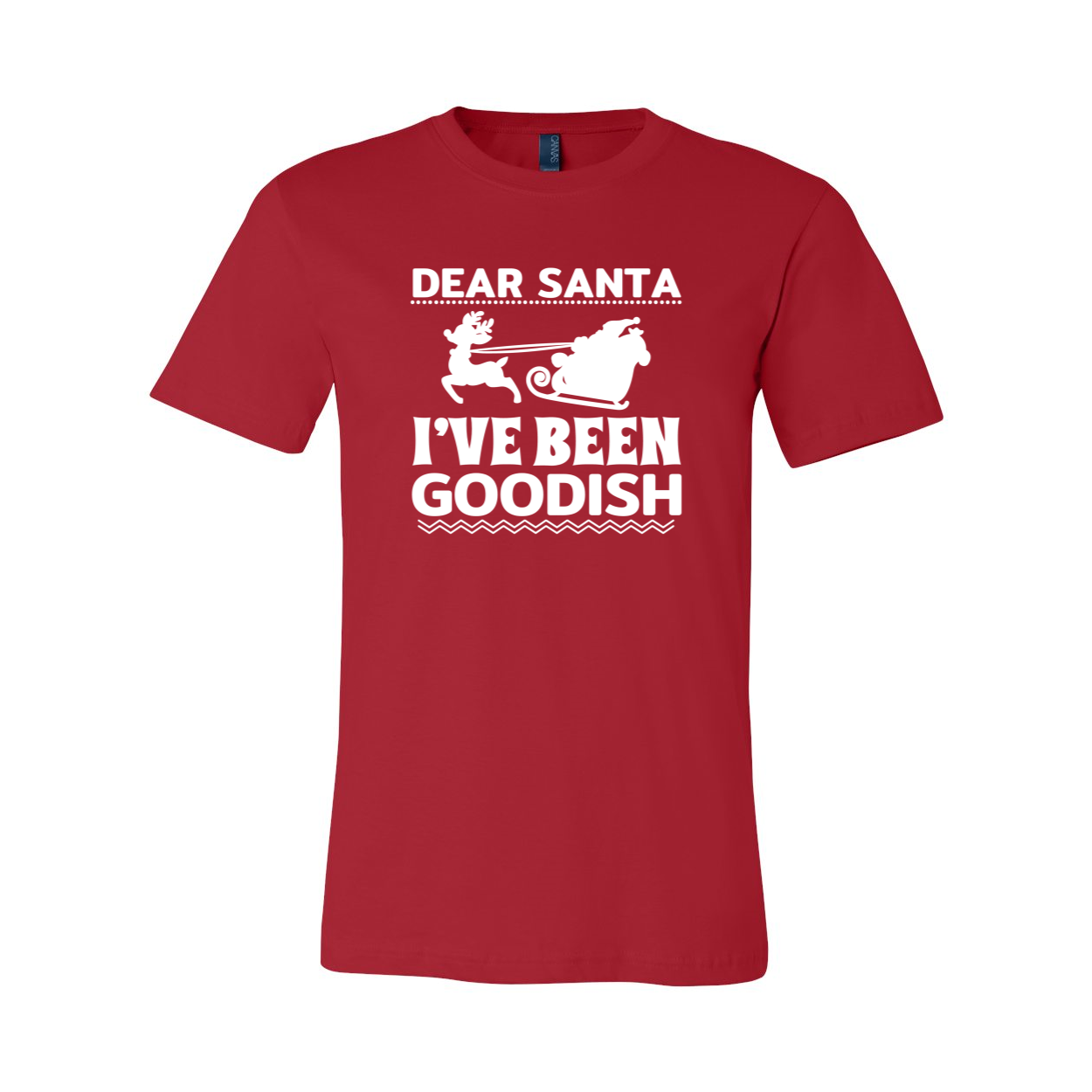 A unisex T-shirt featuring the phrase 'Dear Santa I've Been Goodish' in a playful font, made from soft ring spun cotton, available in various colors.