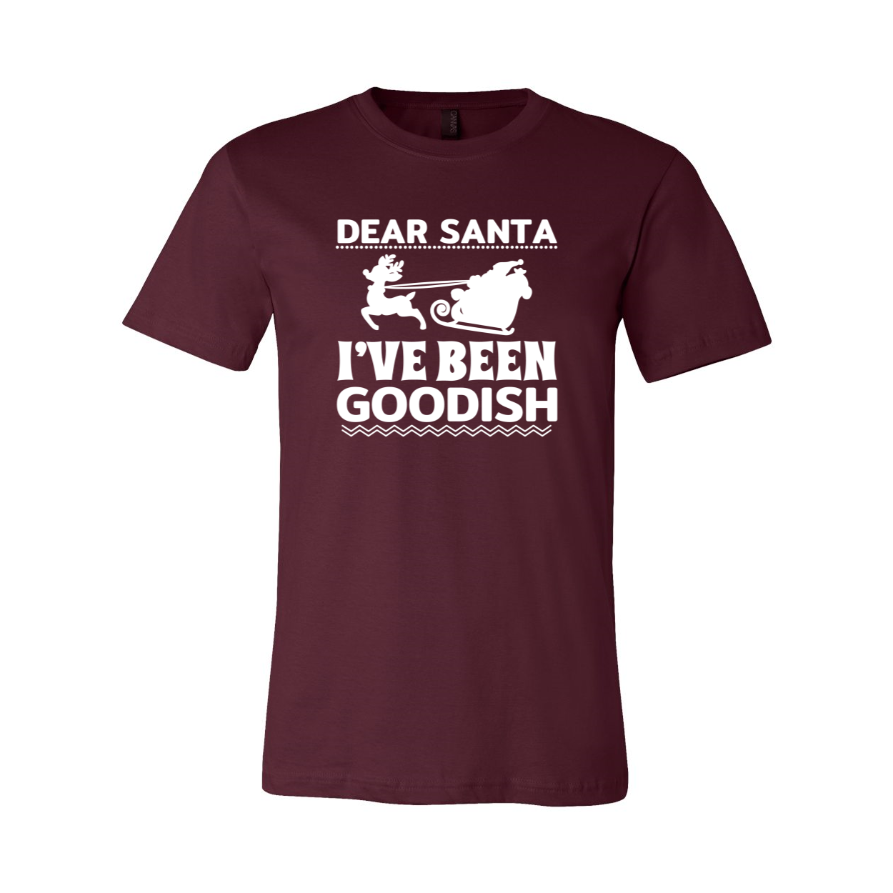 A unisex T-shirt featuring the phrase 'Dear Santa I've Been Goodish' in a playful font, made from soft ring spun cotton, available in various colors.